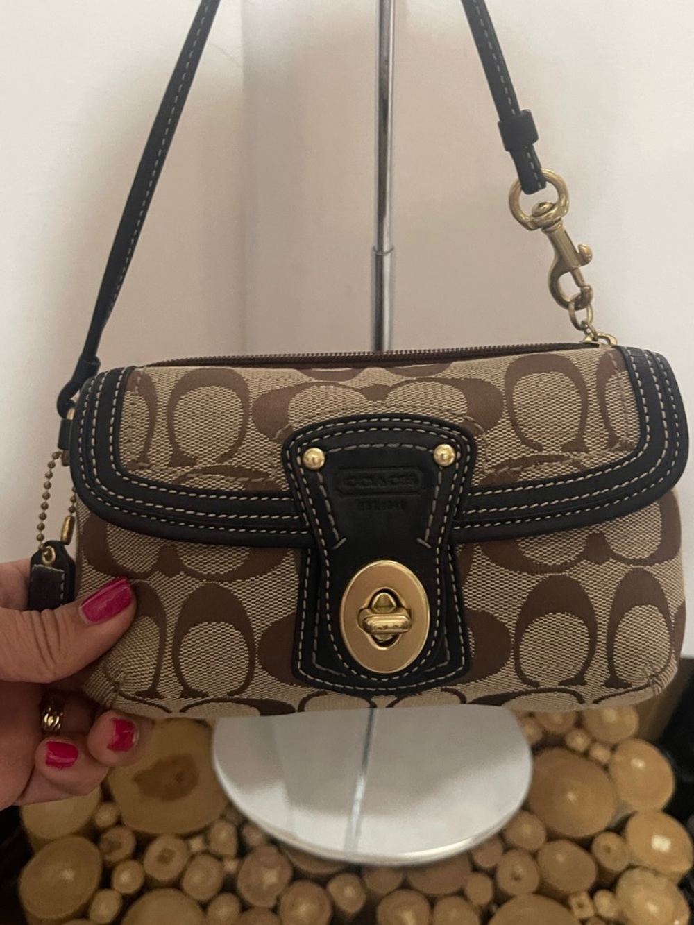 Coach Signature Canvas Brown small Pouch Bag with Leather Trim